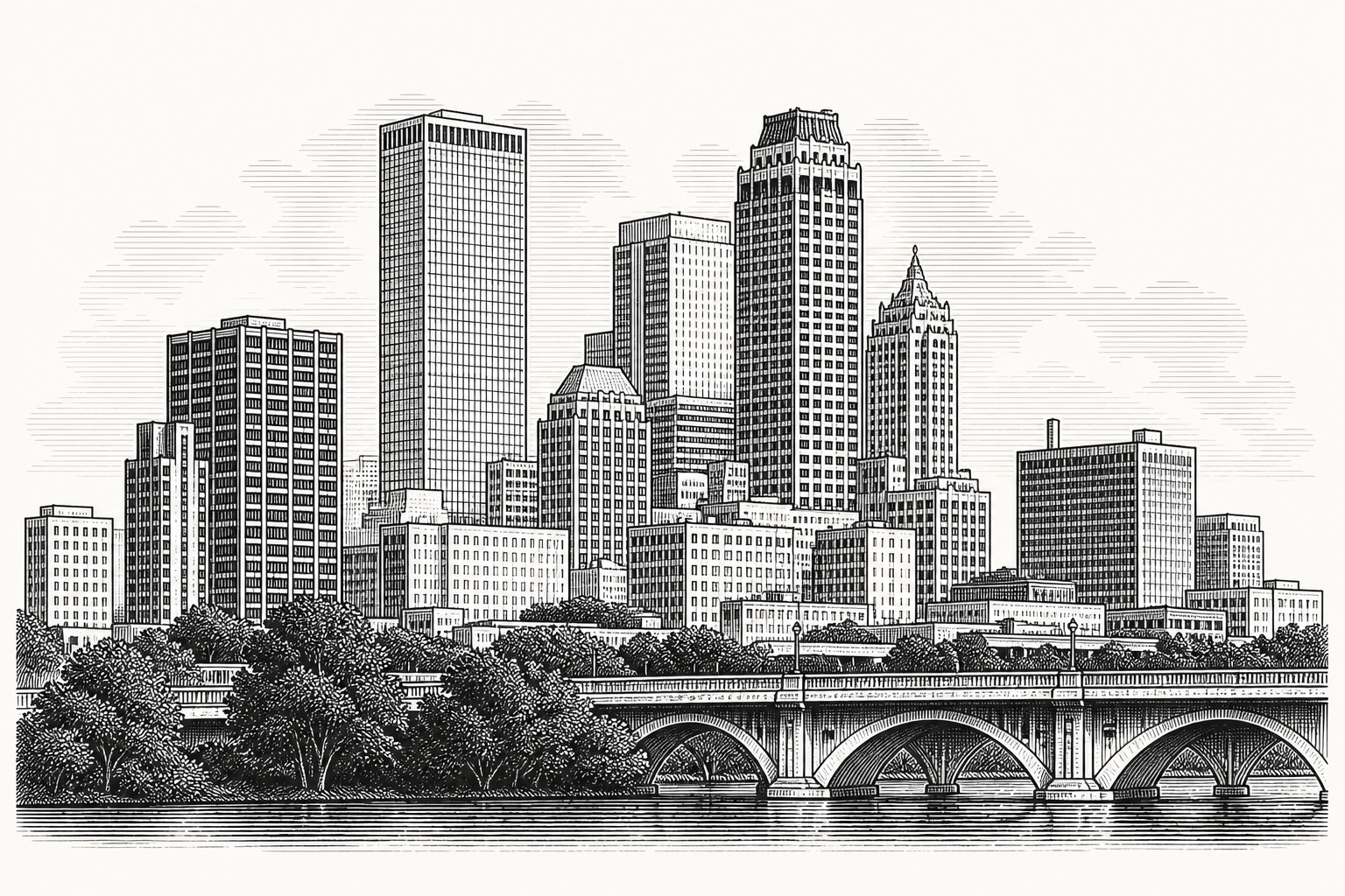 Illustrated view of the downtown Tulsa skyline and river bridge