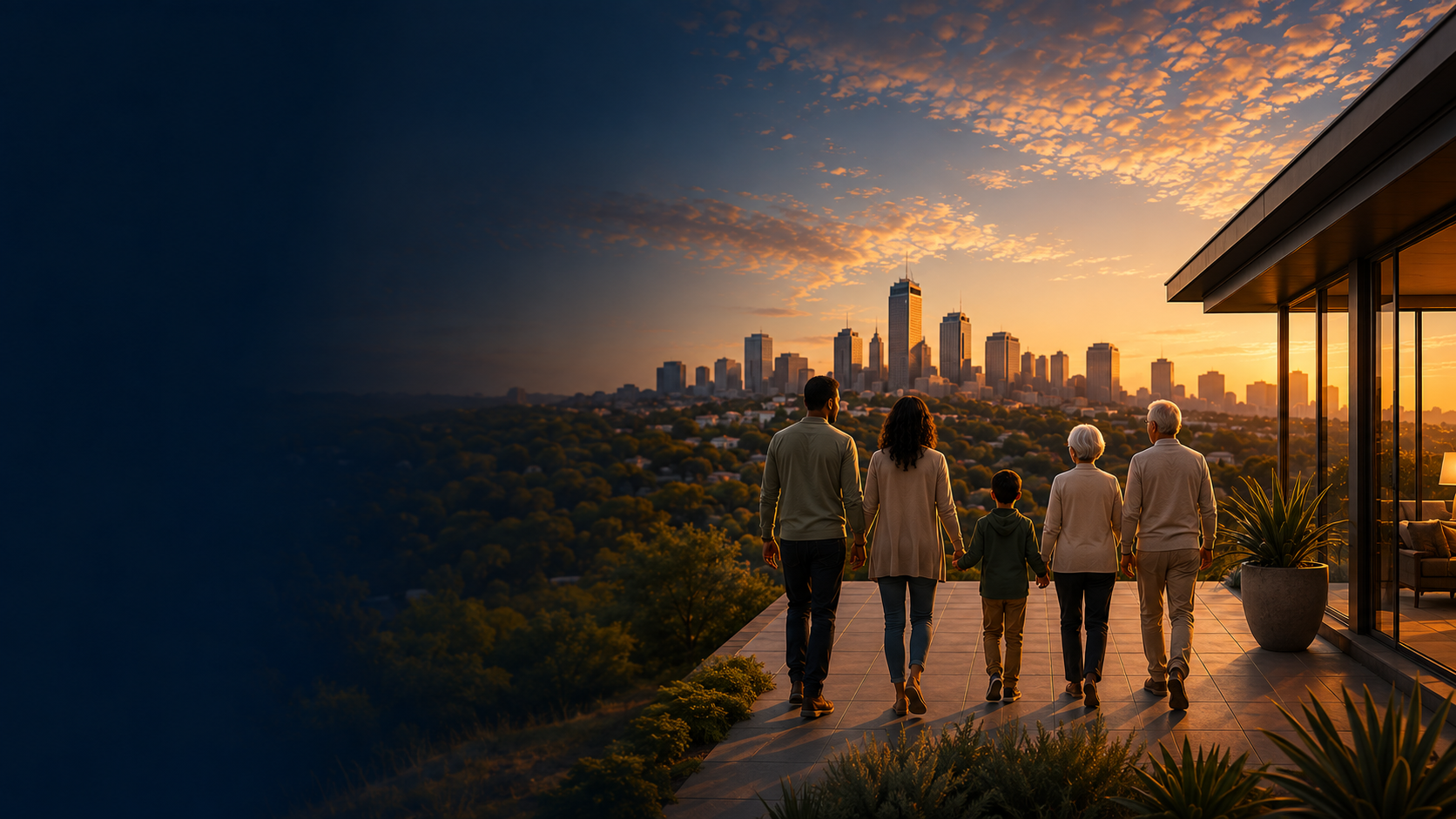 Multigenerational family overlooking a city skyline at sunset for Housing Through Life's Transitions